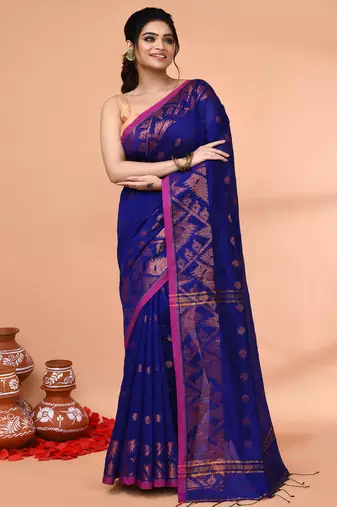 cotton blend royal blue handloom saree with blouse piece