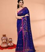 cotton blend royal blue handloom saree with blouse piece