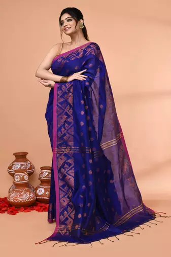 cotton blend royal blue handloom saree with blouse piece
