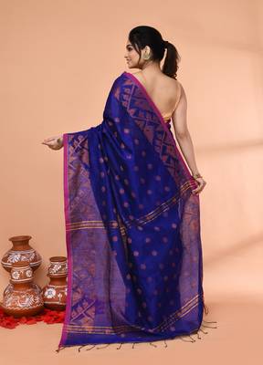 cotton blend royal blue handloom saree with blouse piece 3
