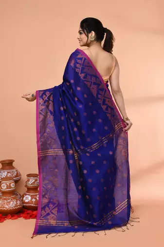 cotton blend royal blue handloom saree with blouse piece