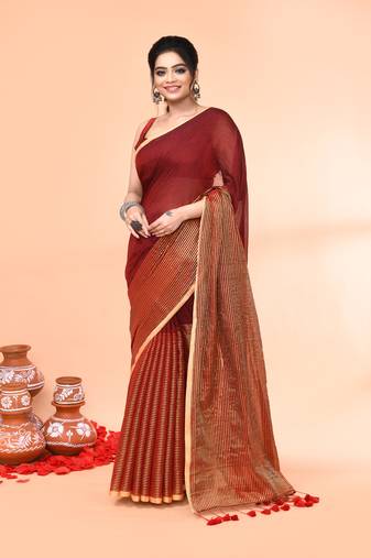 maroon cotton handloom saree with gold zari stripes
