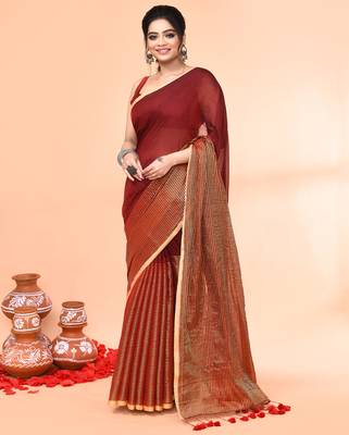 maroon cotton handloom saree with gold zari stripes 1