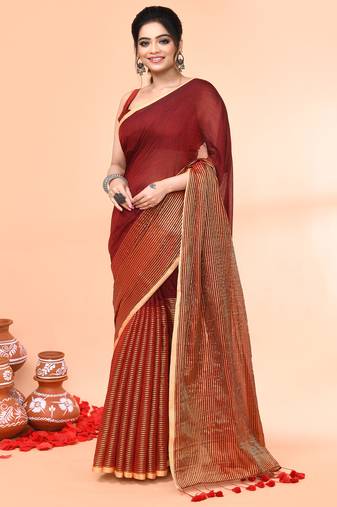maroon cotton handloom saree with gold zari stripes