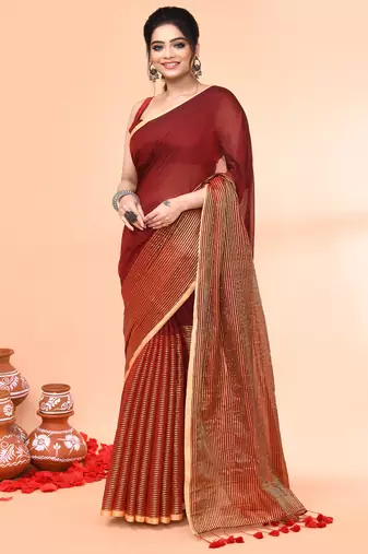maroon cotton handloom saree with gold zari stripes