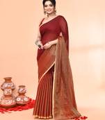 maroon cotton handloom saree with gold zari stripes
