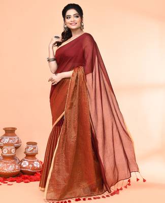 maroon cotton handloom saree with gold zari stripes 2