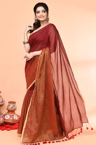 maroon cotton handloom saree with gold zari stripes