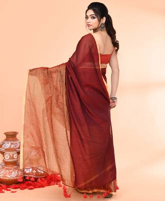 maroon cotton handloom saree with gold zari stripes 3