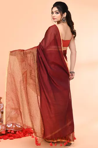 maroon cotton handloom saree with gold zari stripes