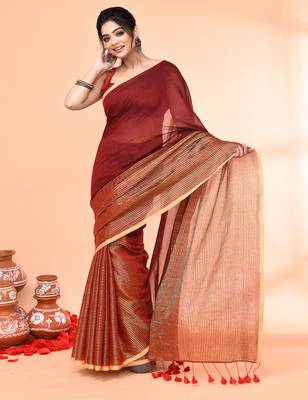 maroon cotton handloom saree with gold zari stripes 4