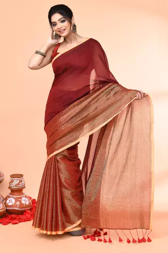 maroon cotton handloom saree with gold zari stripes