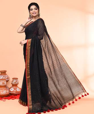 cotton handloom black sequin saree with blouse piece 2