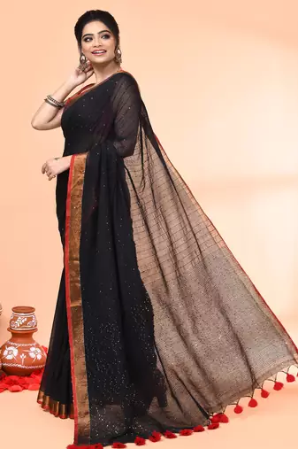 cotton handloom black sequin saree with blouse piece