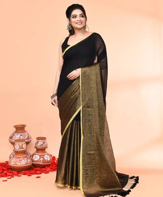 black cotton handloom saree with gold zari stripes 2