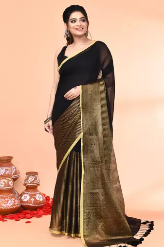black cotton handloom saree with gold zari stripes