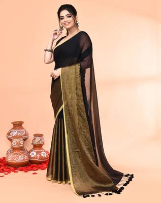black cotton handloom saree with gold zari stripes 3