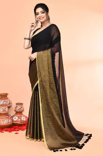 black cotton handloom saree with gold zari stripes