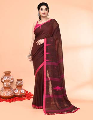 brown mul cotton handloom jamdani saree with blouse piece 3