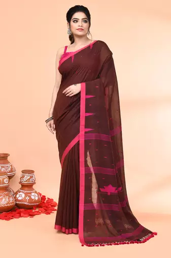 brown mul cotton handloom jamdani saree with blouse piece