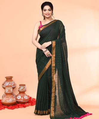 cotton handloom dark green sequin saree with blouse piece 4