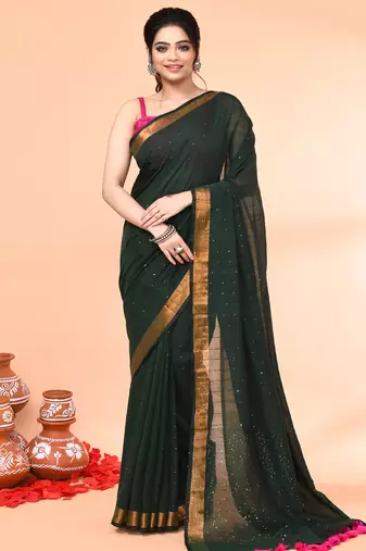 cotton handloom dark green sequin saree with blouse piece