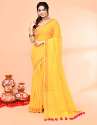 cotton handloom yellow sequin saree with blouse piece 1