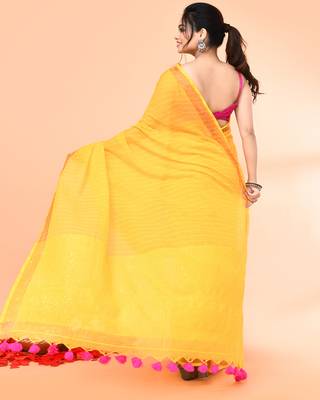 cotton handloom yellow sequin saree with blouse piece 2