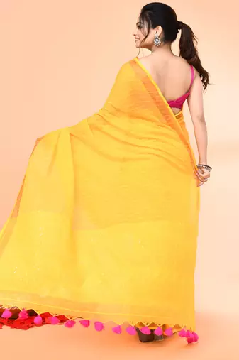 cotton handloom yellow sequin saree with blouse piece