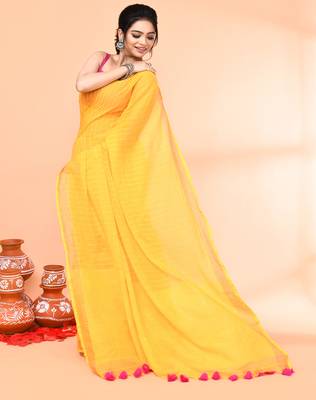 cotton handloom yellow sequin saree with blouse piece 3