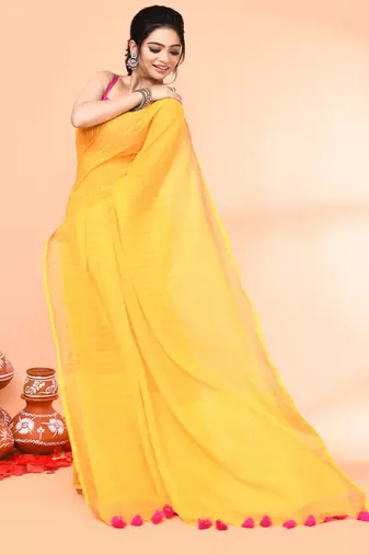 cotton handloom yellow sequin saree with blouse piece