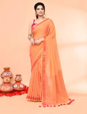 cotton handloom pale orange sequin saree with blouse piece 1