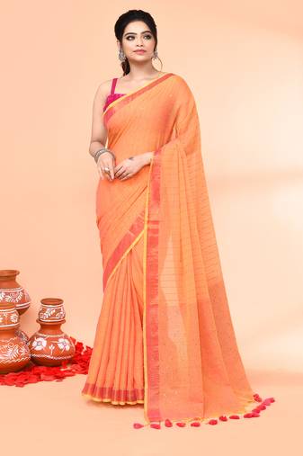 cotton handloom pale orange sequin saree with blouse piece