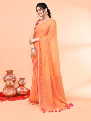 cotton handloom pale orange sequin saree with blouse piece 2