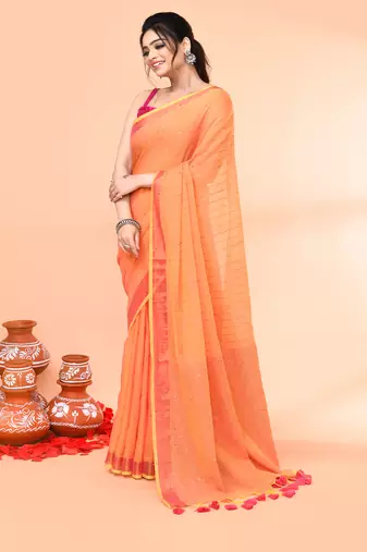 cotton handloom pale orange sequin saree with blouse piece