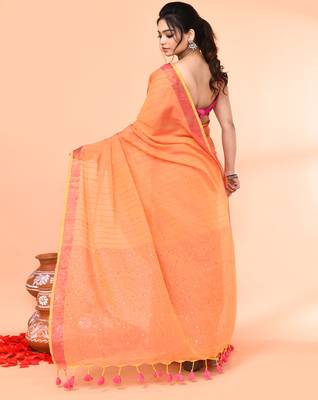 cotton handloom pale orange sequin saree with blouse piece 3