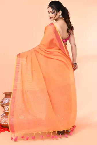 cotton handloom pale orange sequin saree with blouse piece