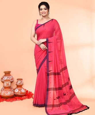 pink mul cotton handloom jamdani saree with blouse piece 3
