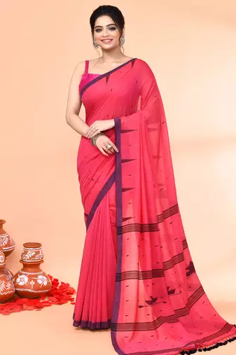 pink mul cotton handloom jamdani saree with blouse piece