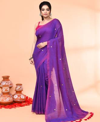 cotton handloom purple sequin saree with blouse piece 1