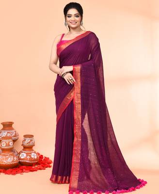 cotton handloom magenta sequin saree with blouse piece 3