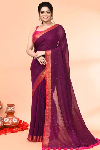 cotton handloom magenta sequin saree with blouse piece
