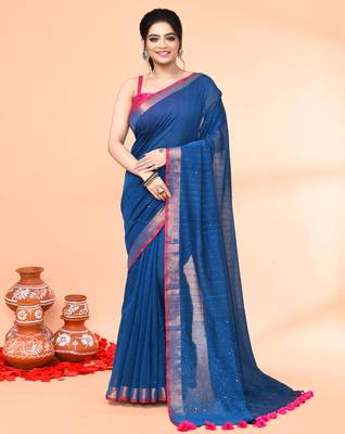 cotton handloom deep turquoise sequin saree with blouse piece 1