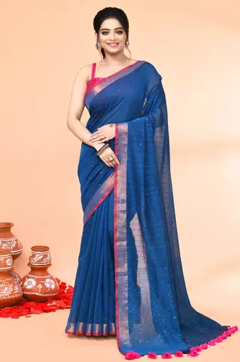 cotton handloom deep turquoise sequin saree with blouse piece