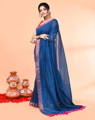 cotton handloom deep turquoise sequin saree with blouse piece 2