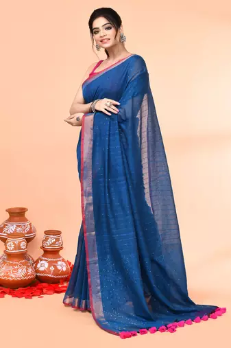 cotton handloom deep turquoise sequin saree with blouse piece