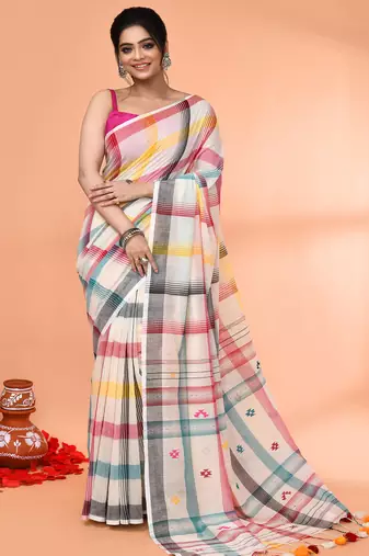off white mul cotton handloom jamdani saree with blouse piece