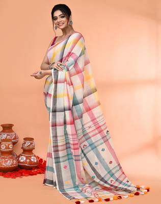 off white mul cotton handloom jamdani saree with blouse piece 2