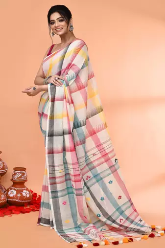 off white mul cotton handloom jamdani saree with blouse piece