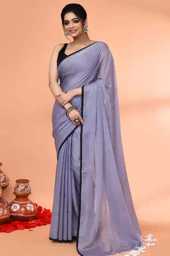 Grey mulmul cotton saree with tassels